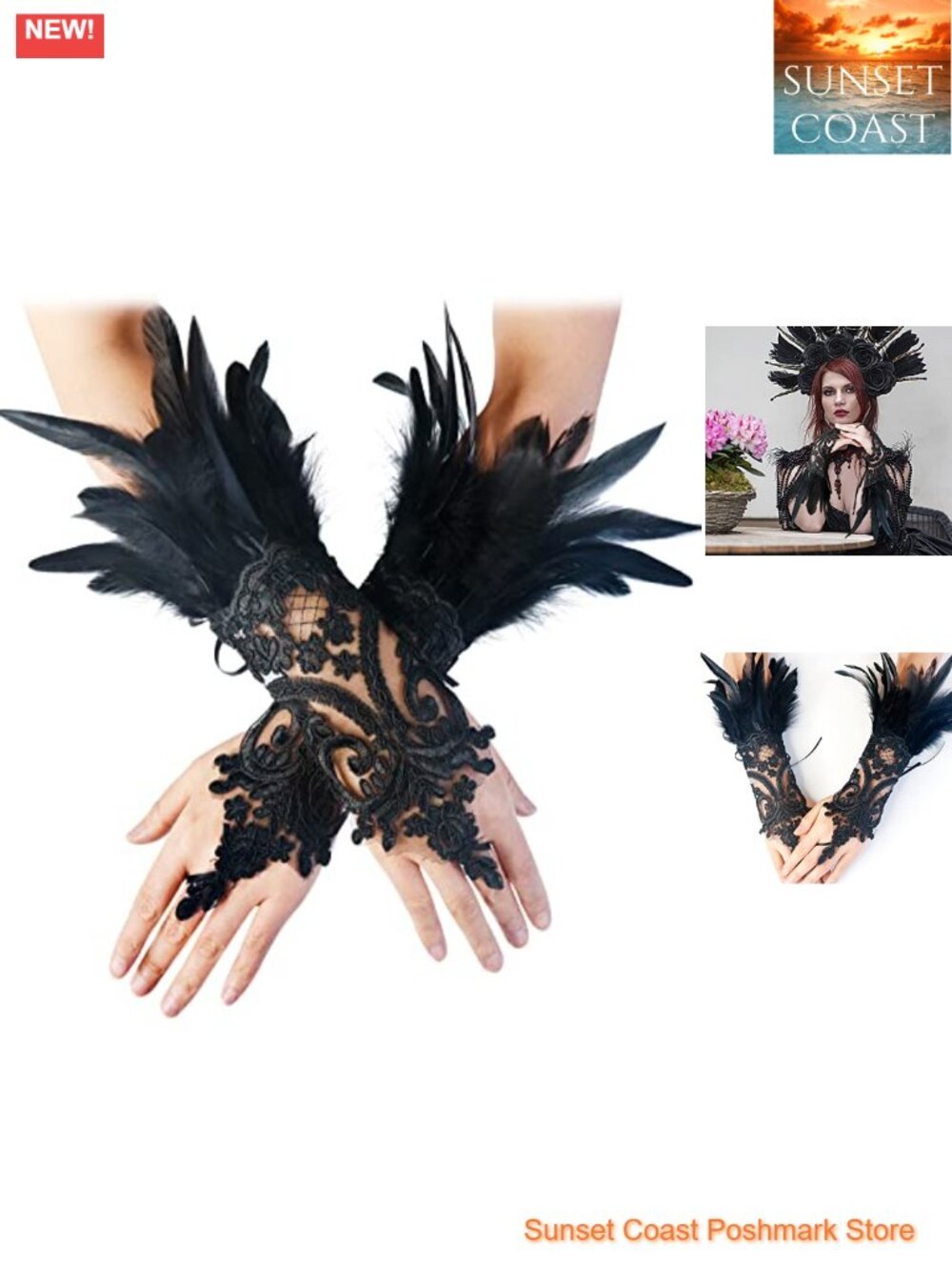 Lace Feather Long Gloves for Women Halloween Witch Costume Victorian Cuffs